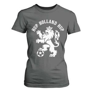 Hup Holland Hup Netherlands Crowned Lion Rampant Playing Football Graphic T Shirt For Women Nederlands Coat of Arms Inspo Dutch Soccer Fans