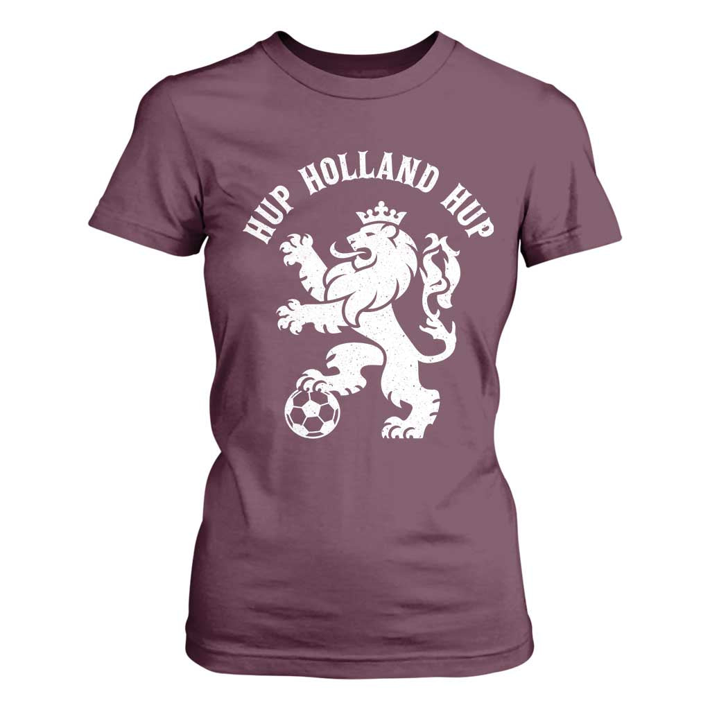 Hup Holland Hup Netherlands Crowned Lion Rampant Playing Football Graphic T Shirt For Women Nederlands Coat of Arms Inspo Dutch Soccer Fans