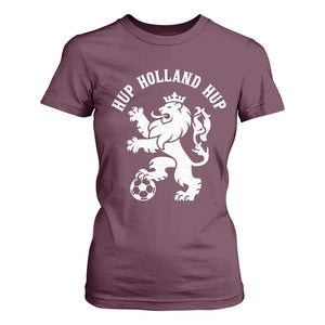 Hup Holland Hup Netherlands Crowned Lion Rampant Playing Football Graphic T Shirt For Women Nederlands Coat of Arms Inspo Dutch Soccer Fans
