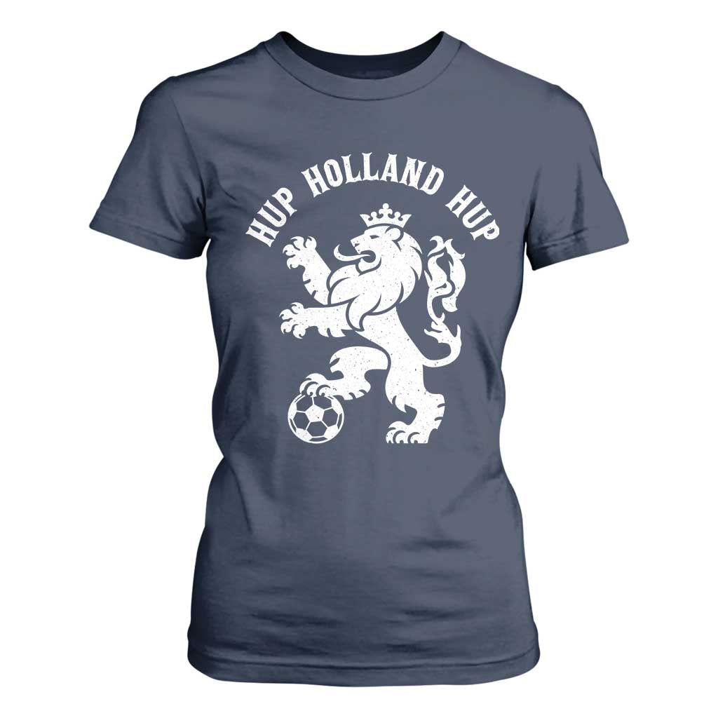 Hup Holland Hup Netherlands Crowned Lion Rampant Playing Football Graphic T Shirt For Women Nederlands Coat of Arms Inspo Dutch Soccer Fans