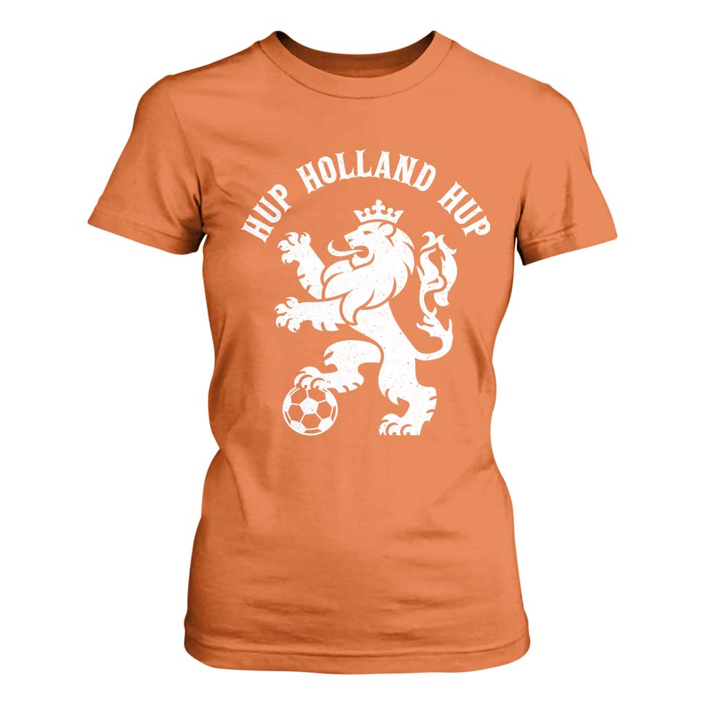 Hup Holland Hup Netherlands Crowned Lion Rampant Playing Football Graphic T Shirt For Women Nederlands Coat of Arms Inspo Dutch Soccer Fans