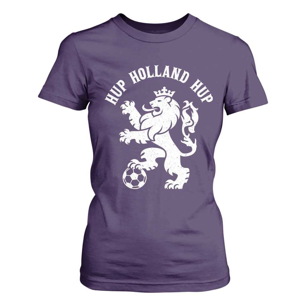Hup Holland Hup Netherlands Crowned Lion Rampant Playing Football Graphic T Shirt For Women Nederlands Coat of Arms Inspo Dutch Soccer Fans