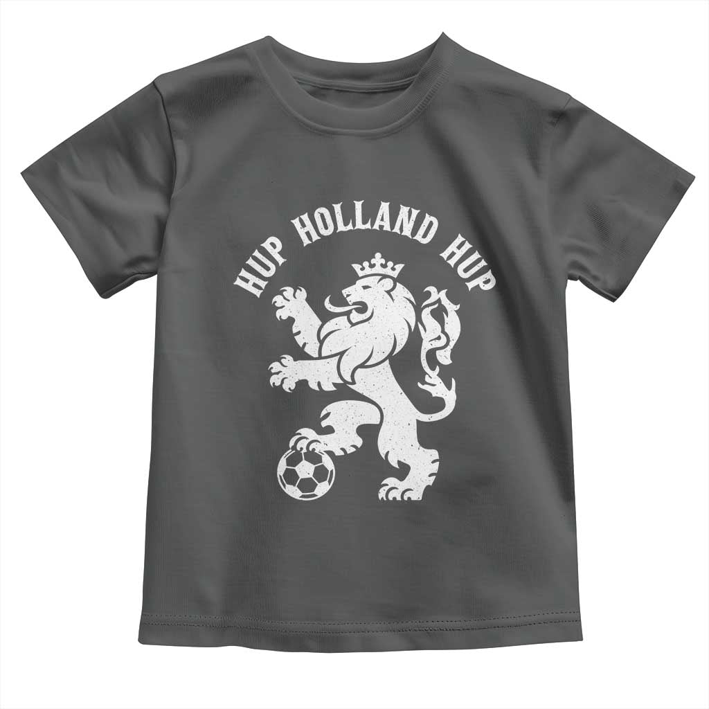 Hup Holland Hup Netherlands Crowned Lion Rampant Playing Football Graphic Toddler T Shirt Nederlands Coat of Arms Inspo Dutch Soccer Fans
