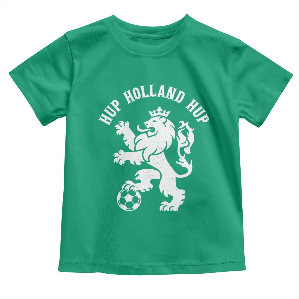 Hup Holland Hup Netherlands Crowned Lion Rampant Playing Football Graphic Toddler T Shirt Nederlands Coat of Arms Inspo Dutch Soccer Fans