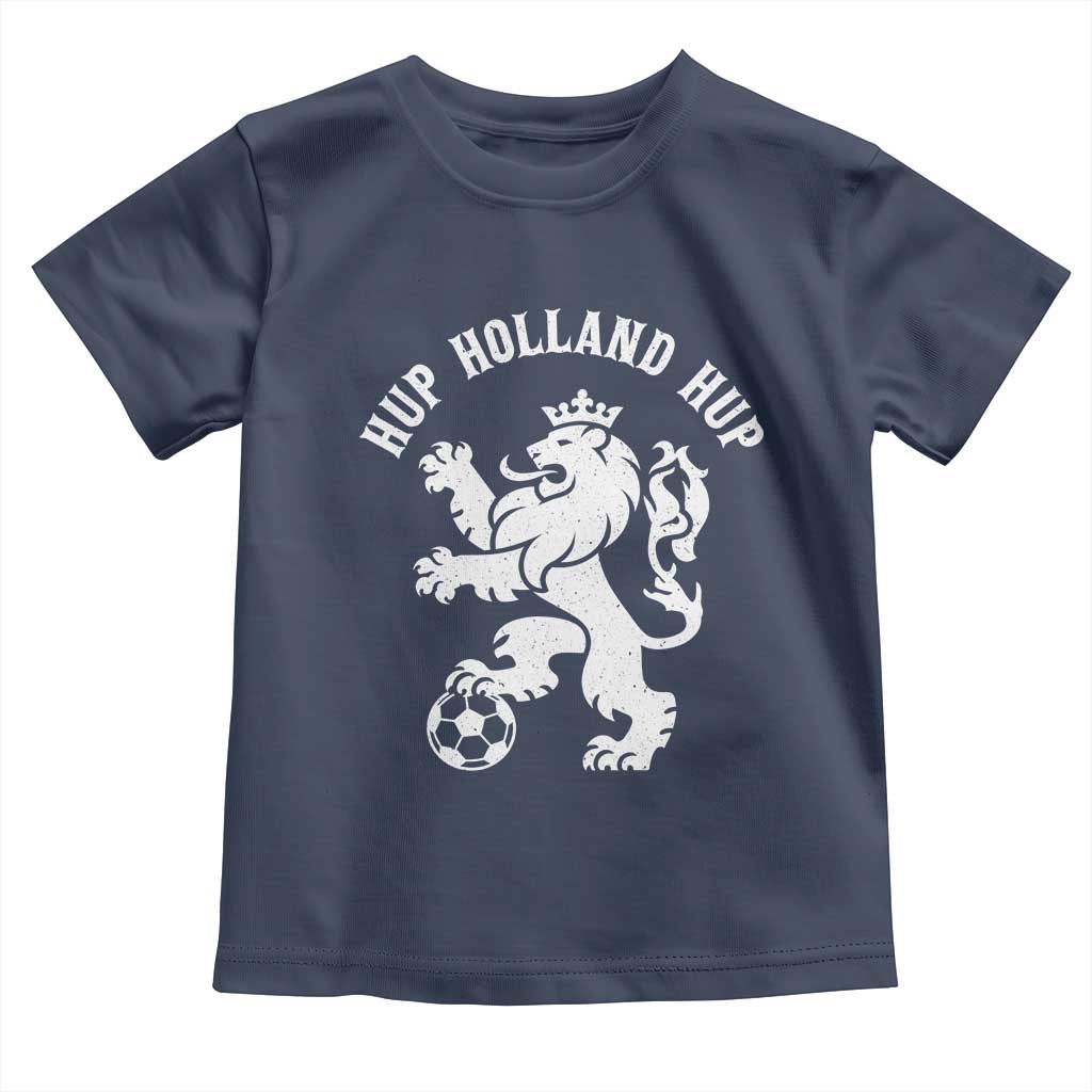 Hup Holland Hup Netherlands Crowned Lion Rampant Playing Football Graphic Toddler T Shirt Nederlands Coat of Arms Inspo Dutch Soccer Fans
