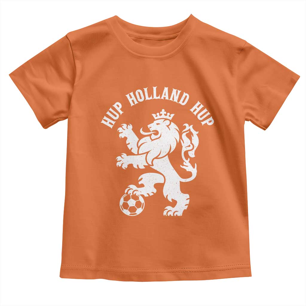 Hup Holland Hup Netherlands Crowned Lion Rampant Playing Football Graphic Toddler T Shirt Nederlands Coat of Arms Inspo Dutch Soccer Fans
