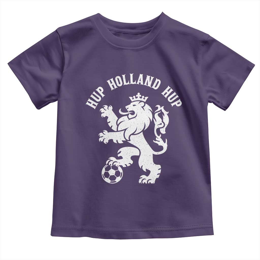 Hup Holland Hup Netherlands Crowned Lion Rampant Playing Football Graphic Toddler T Shirt Nederlands Coat of Arms Inspo Dutch Soccer Fans