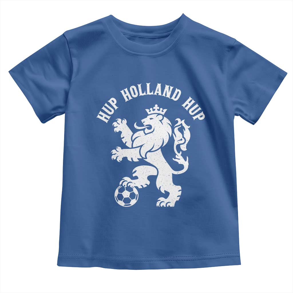 Hup Holland Hup Netherlands Crowned Lion Rampant Playing Football Graphic Toddler T Shirt Nederlands Coat of Arms Inspo Dutch Soccer Fans
