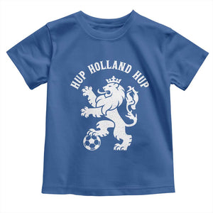 Hup Holland Hup Netherlands Crowned Lion Rampant Playing Football Graphic Toddler T Shirt Nederlands Coat of Arms Inspo Dutch Soccer Fans