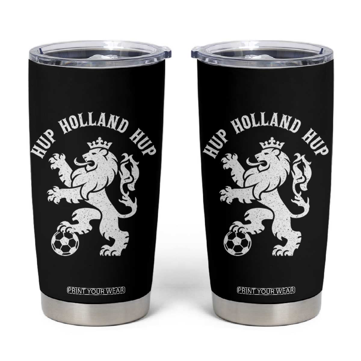 Hup Holland Hup Netherlands Crowned Lion Rampant Playing Football Graphic Tumbler Cup Nederlands Coat of Arms Inspo Dutch Soccer Fans
