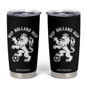 Hup Holland Hup Netherlands Crowned Lion Rampant Playing Football Graphic Tumbler Cup Nederlands Coat of Arms Inspo Dutch Soccer Fans