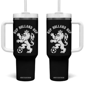 Hup Holland Hup Netherlands Crowned Lion Rampant Playing Football Graphic Tumbler With Handle Nederlands Coat of Arms Inspo Dutch Soccer Fans