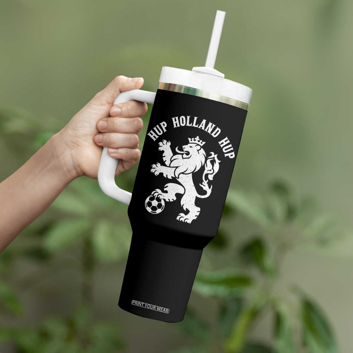 Hup Holland Hup Netherlands Crowned Lion Rampant Playing Football Graphic Tumbler With Handle Nederlands Coat of Arms Inspo Dutch Soccer Fans