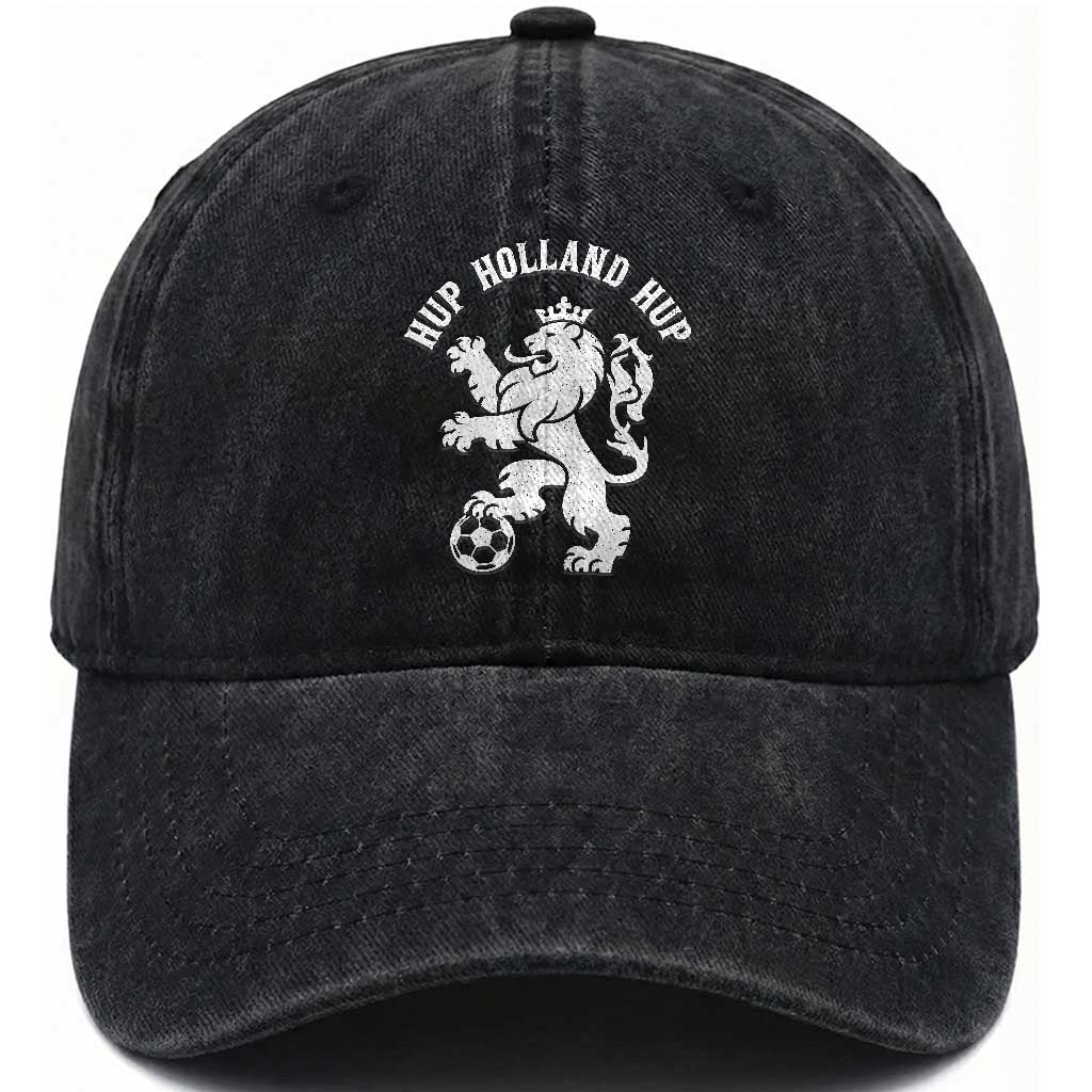 Hup Holland Hup Netherlands Crowned Lion Rampant Playing Football Graphic Washed Cotton Baseball Cap Nederlands Coat of Arms Inspo Dutch Soccer Fans