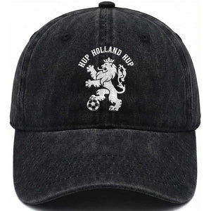 Hup Holland Hup Netherlands Crowned Lion Rampant Playing Football Graphic Washed Cotton Baseball Cap Nederlands Coat of Arms Inspo Dutch Soccer Fans
