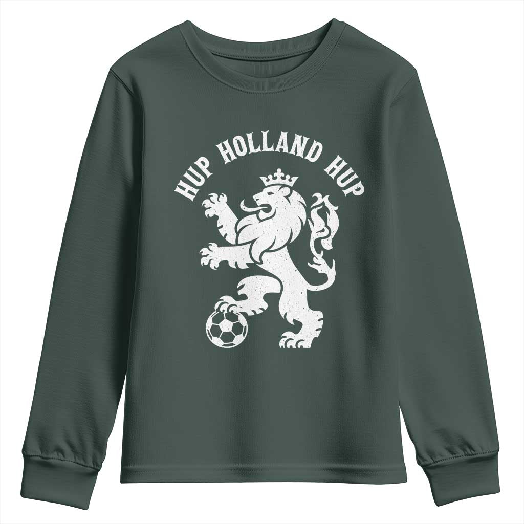 Hup Holland Hup Netherlands Crowned Lion Rampant Playing Football Graphic Youth Sweatshirt Nederlands Coat of Arms Inspo Dutch Soccer Fans