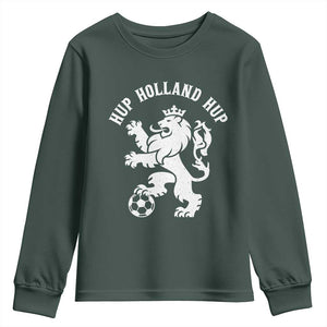 Hup Holland Hup Netherlands Crowned Lion Rampant Playing Football Graphic Youth Sweatshirt Nederlands Coat of Arms Inspo Dutch Soccer Fans