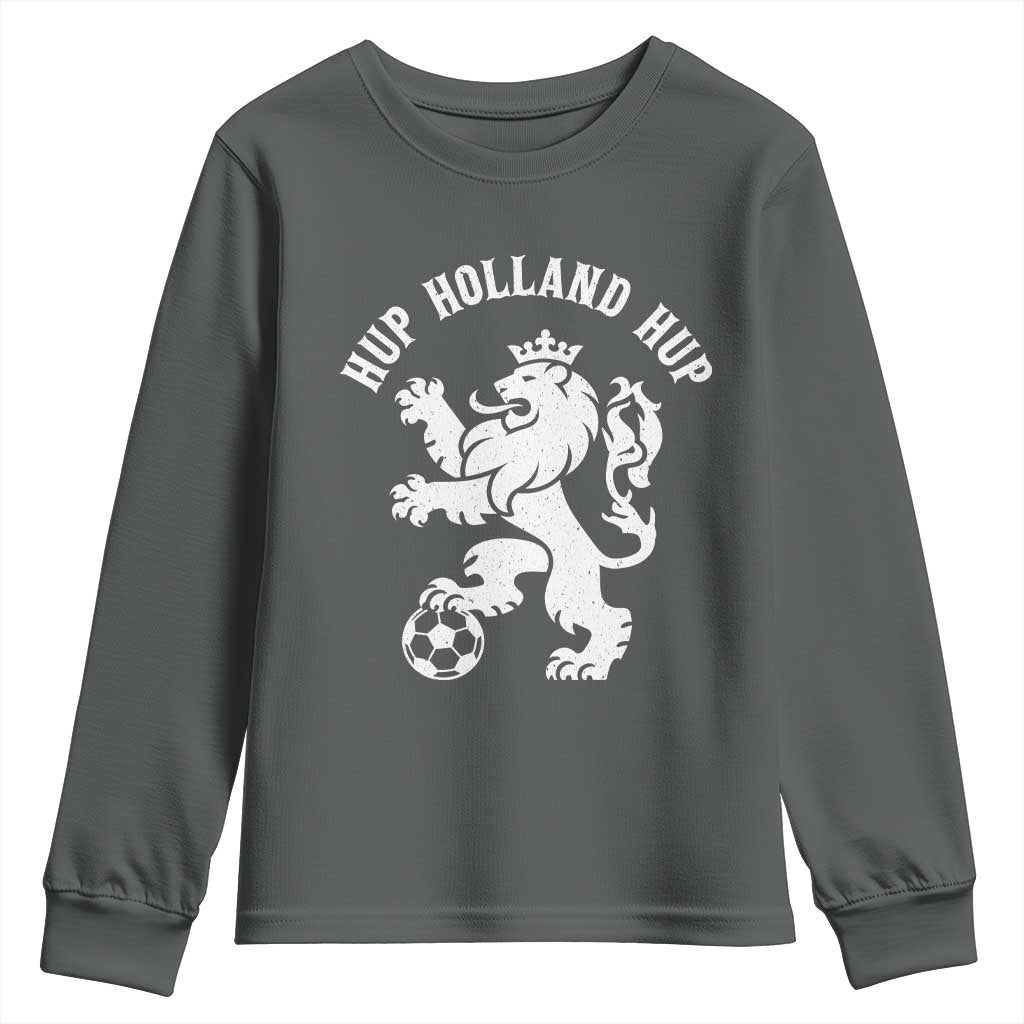 Hup Holland Hup Netherlands Crowned Lion Rampant Playing Football Graphic Youth Sweatshirt Nederlands Coat of Arms Inspo Dutch Soccer Fans
