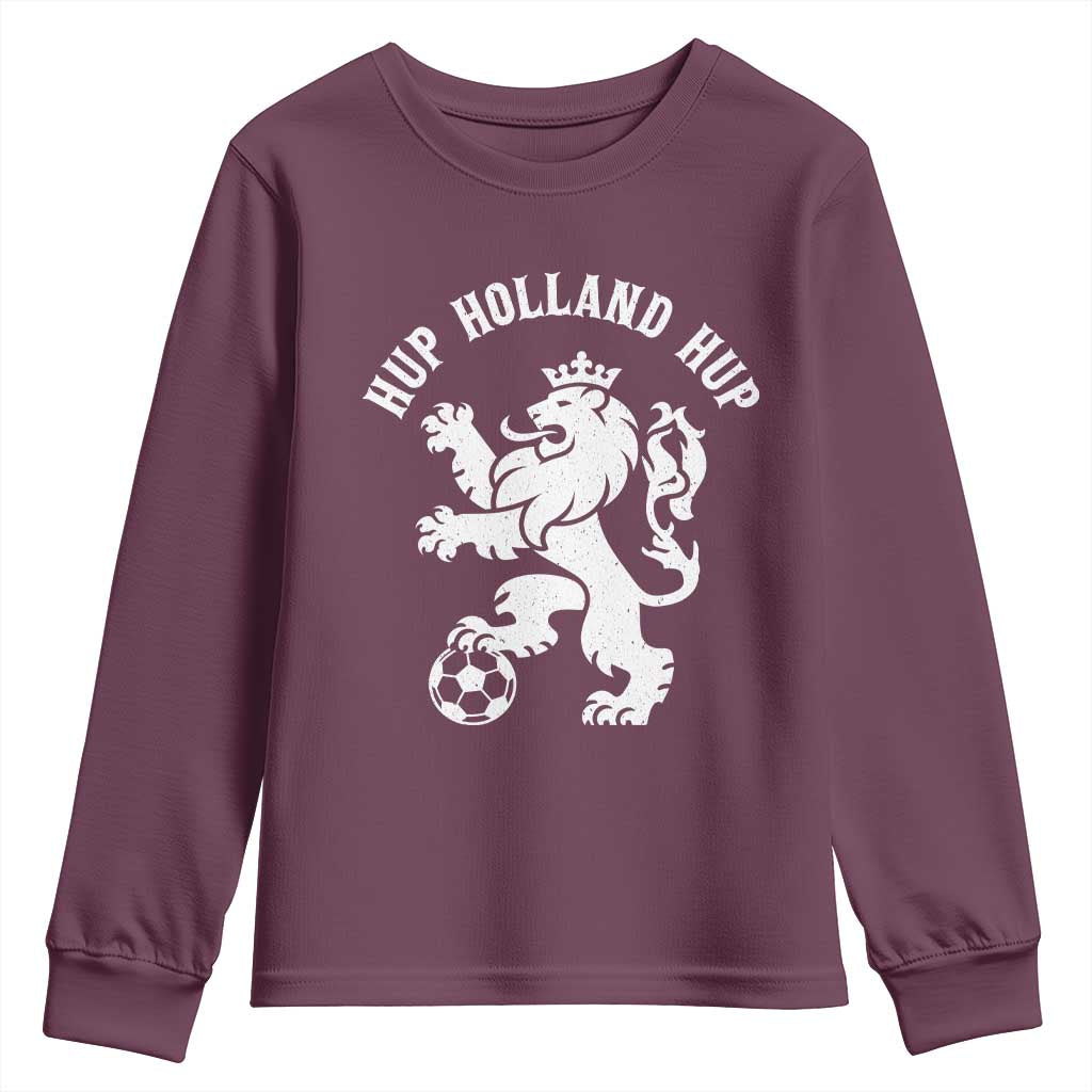 Hup Holland Hup Netherlands Crowned Lion Rampant Playing Football Graphic Youth Sweatshirt Nederlands Coat of Arms Inspo Dutch Soccer Fans