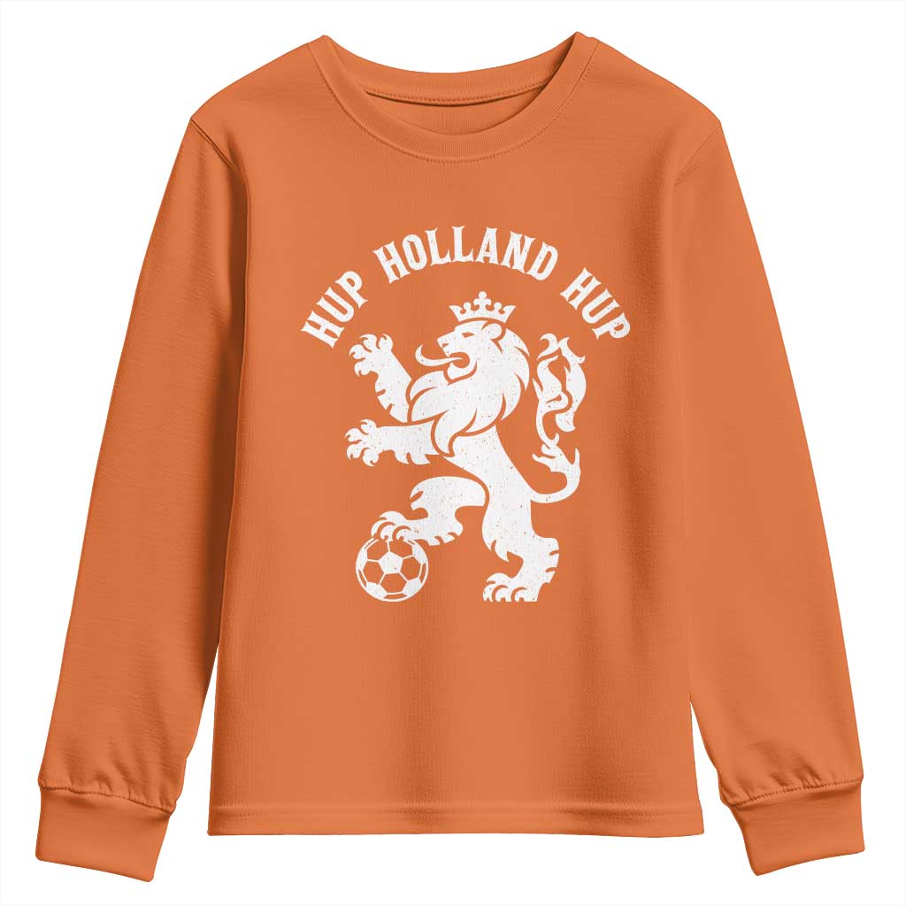 Hup Holland Hup Netherlands Crowned Lion Rampant Playing Football Graphic Youth Sweatshirt Nederlands Coat of Arms Inspo Dutch Soccer Fans