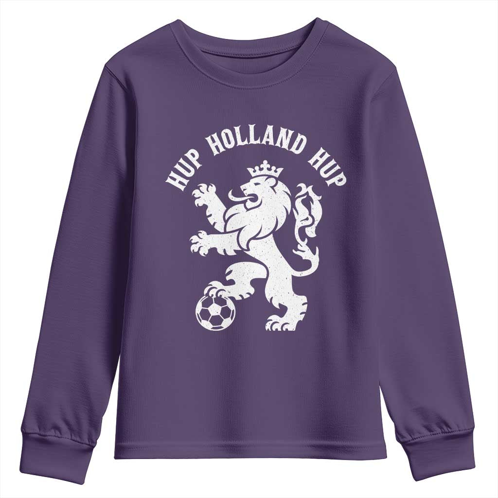 Hup Holland Hup Netherlands Crowned Lion Rampant Playing Football Graphic Youth Sweatshirt Nederlands Coat of Arms Inspo Dutch Soccer Fans