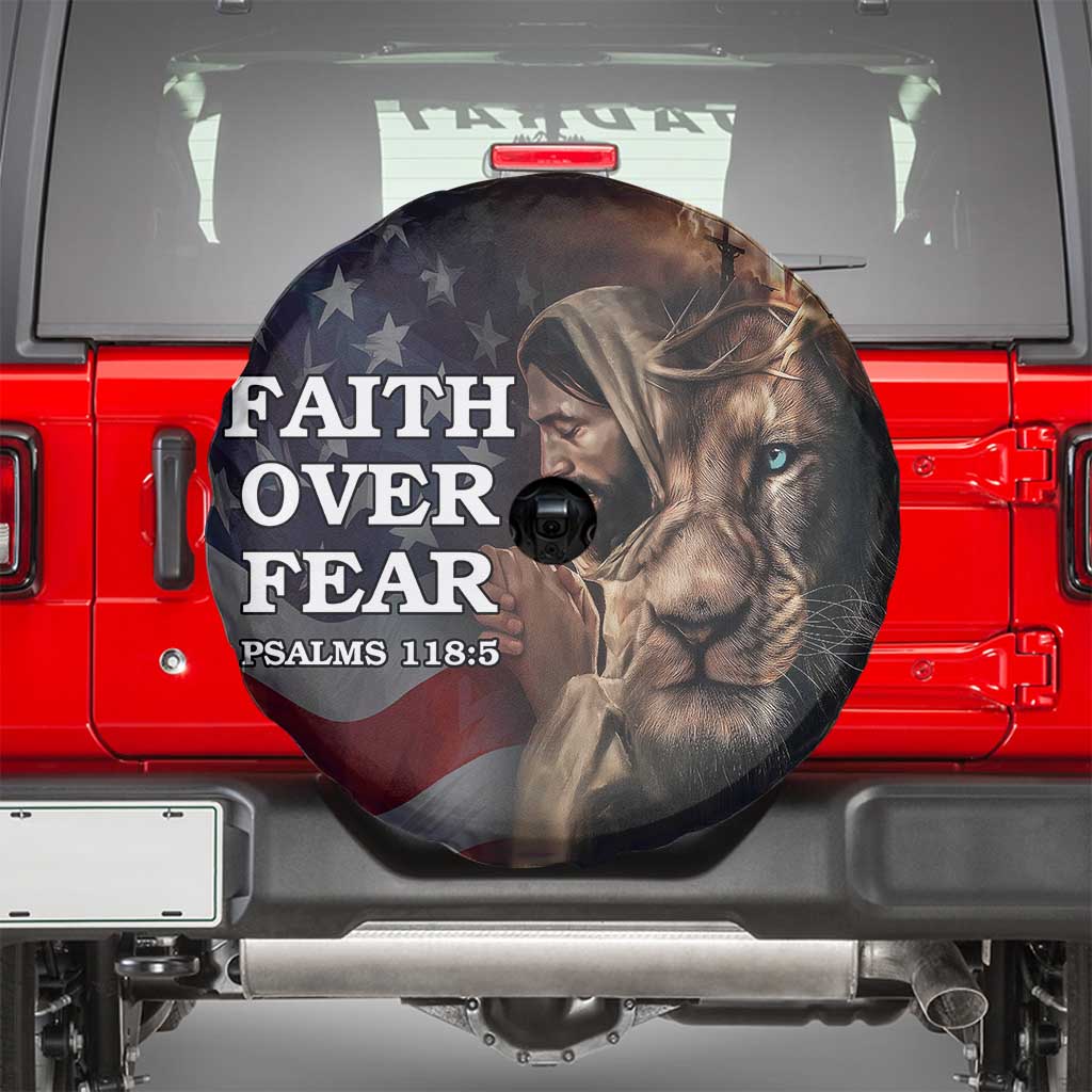 Faith Over Fear Psalm 118:5 Christian Patriotic Spare Tire Cover Jesus Lion Cross American Flag TS02 Multicolor Print Your Wear