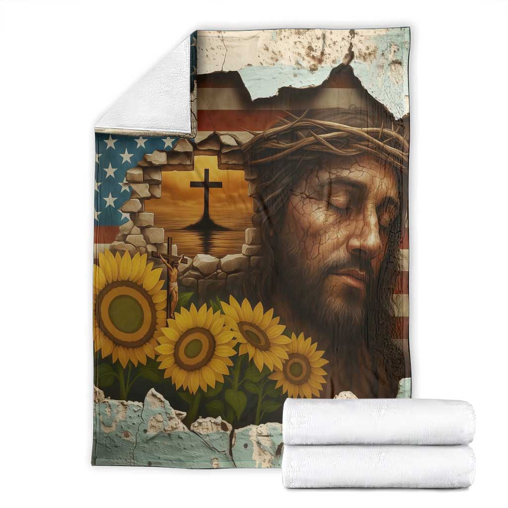 Christian American Cross Jesus Crown of Thorns Throw Blanket Patriotic Sunset with Sunflowers TS02 Multicolor Print Your Wear