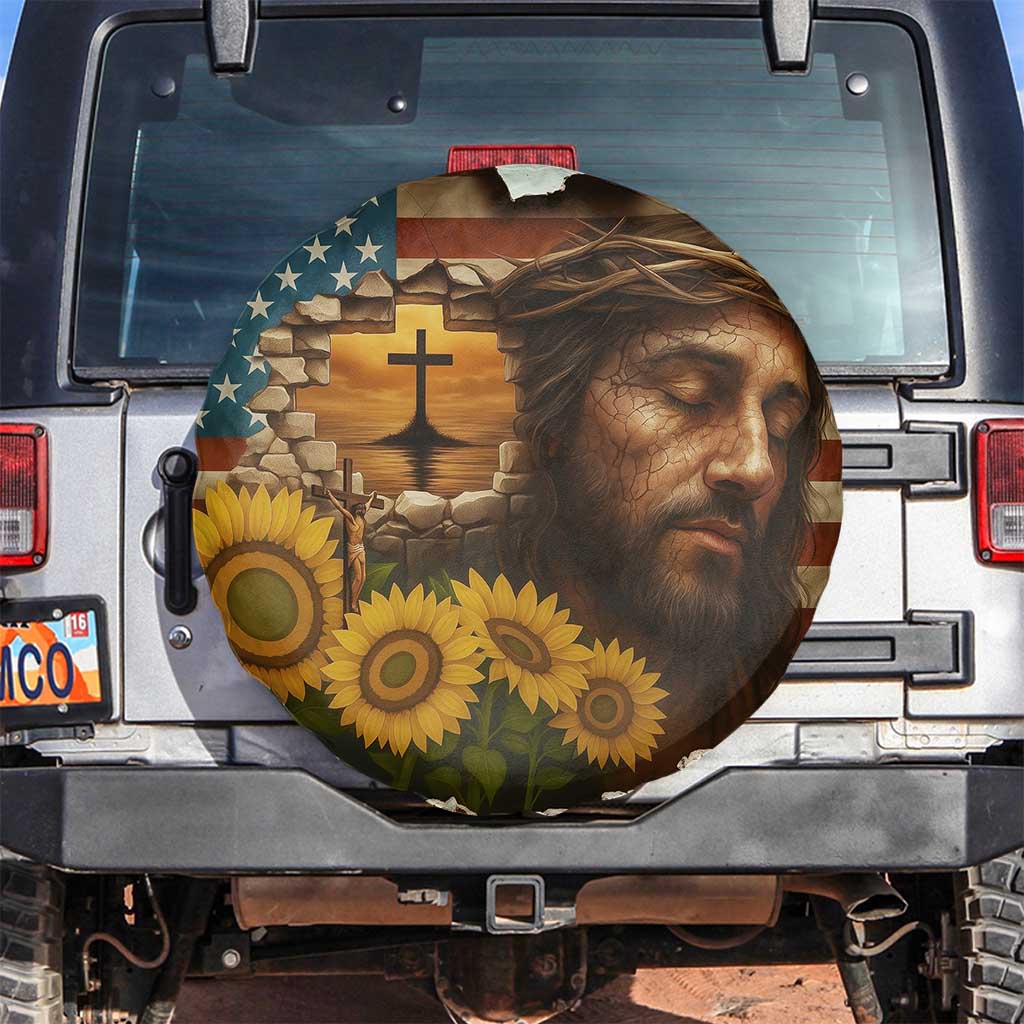 Christian American Cross Jesus Crown of Thorns Spare Tire Cover Patriotic Sunset with Sunflowers TS02 No hole Multicolor Print Your Wear