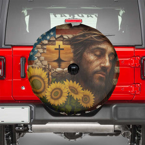 Christian American Cross Jesus Crown of Thorns Spare Tire Cover Patriotic Sunset with Sunflowers TS02 Multicolor Print Your Wear