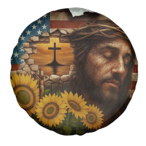 Christian American Cross Jesus Crown of Thorns Spare Tire Cover Patriotic Sunset with Sunflowers TS02 Print Your Wear
