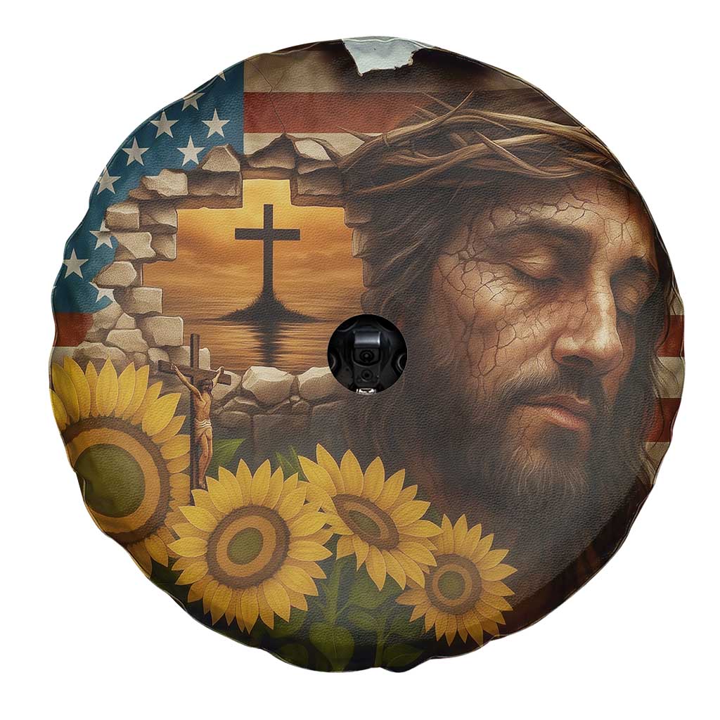 Christian American Cross Jesus Crown of Thorns Spare Tire Cover Patriotic Sunset with Sunflowers TS02 Print Your Wear