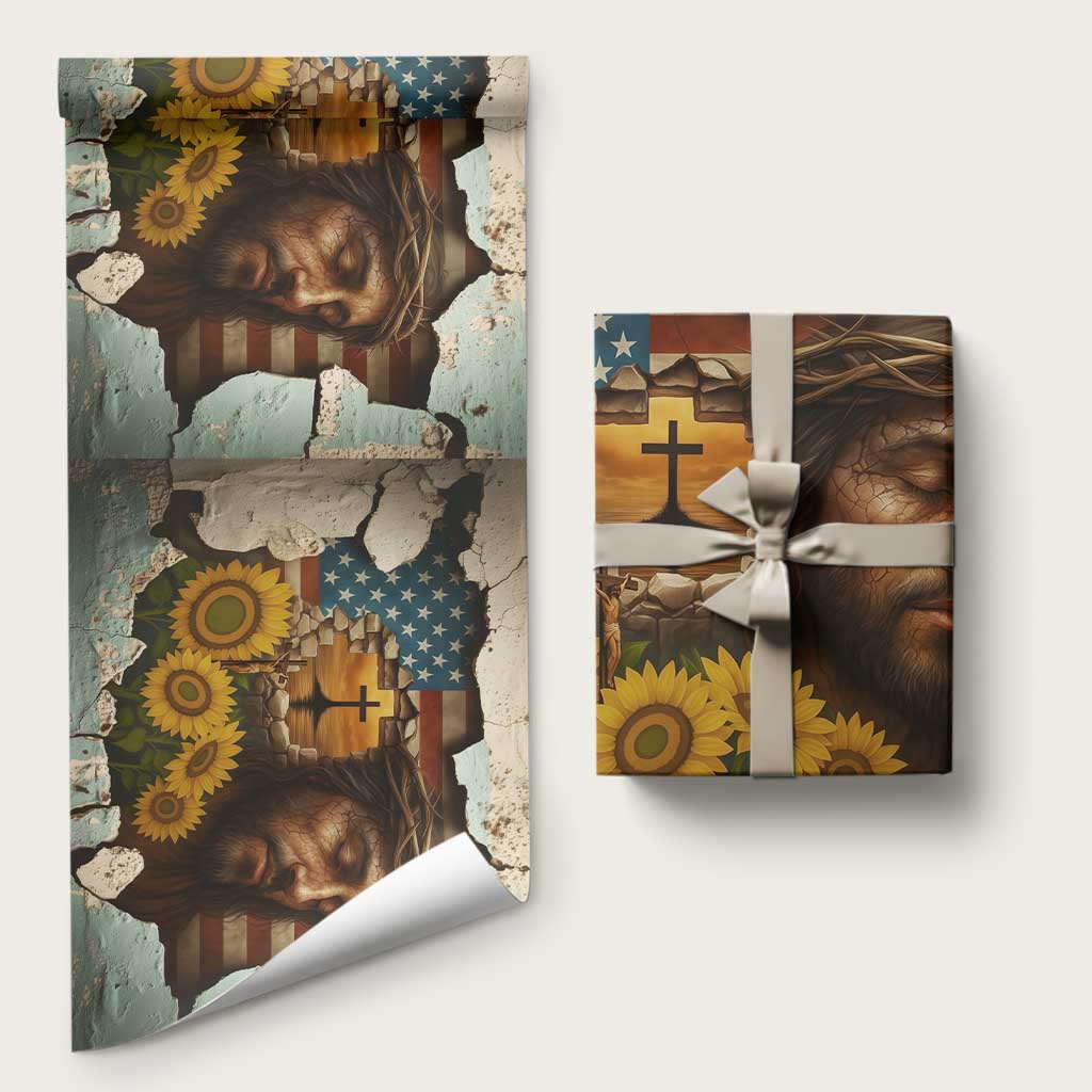 Christian American Cross Jesus Crown of Thorns Wrapping Paper Roll Patriotic Sunset with Sunflowers TS02 Matte Multicolor Print Your Wear