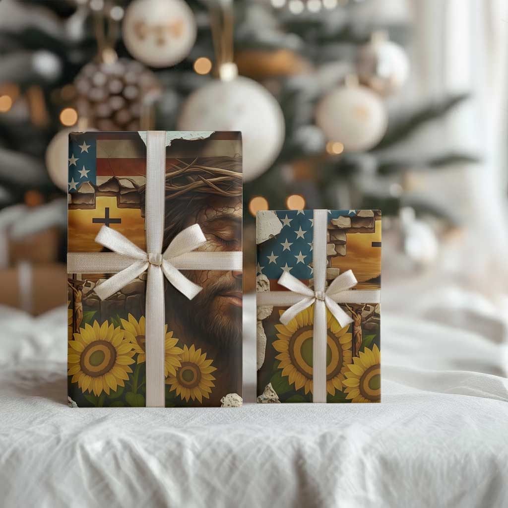 Christian American Cross Jesus Crown of Thorns Wrapping Paper Roll Patriotic Sunset with Sunflowers TS02 Print Your Wear