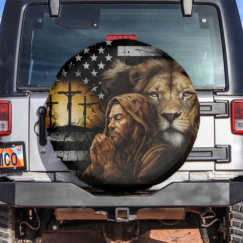 Lion of Judah Faith Patriotic Christian Spare Tire Cover Jesus Praying with Cross American Flag TS02 No hole Multicolor Print Your Wear