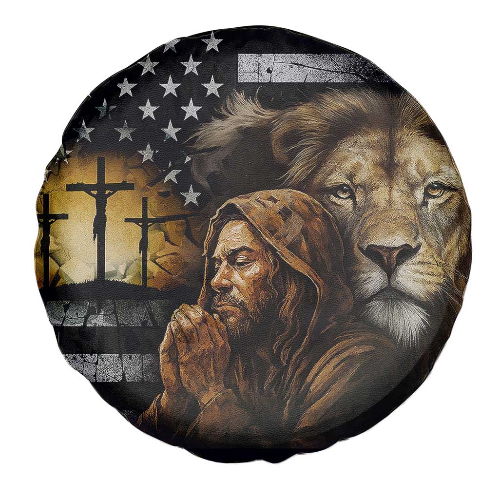 Lion of Judah Faith Patriotic Christian Spare Tire Cover Jesus Praying with Cross American Flag TS02 Print Your Wear
