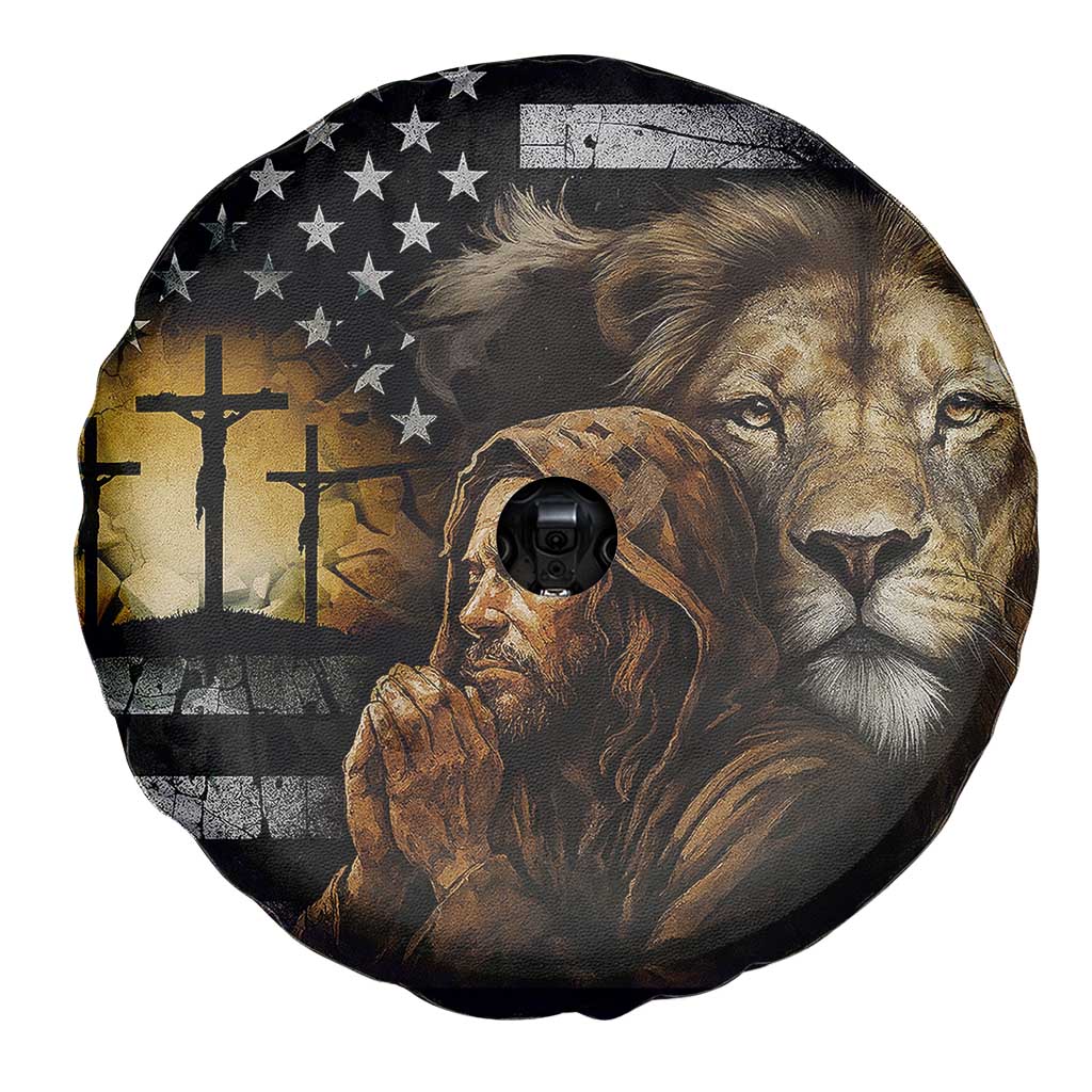 Lion of Judah Faith Patriotic Christian Spare Tire Cover Jesus Praying with Cross American Flag TS02 Print Your Wear