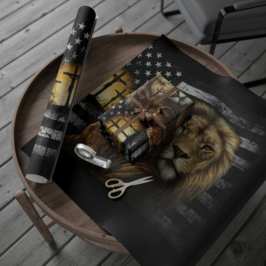 Lion of Judah Faith Patriotic Christian Wrapping Paper Roll Jesus Praying with Cross American Flag TS02 Print Your Wear