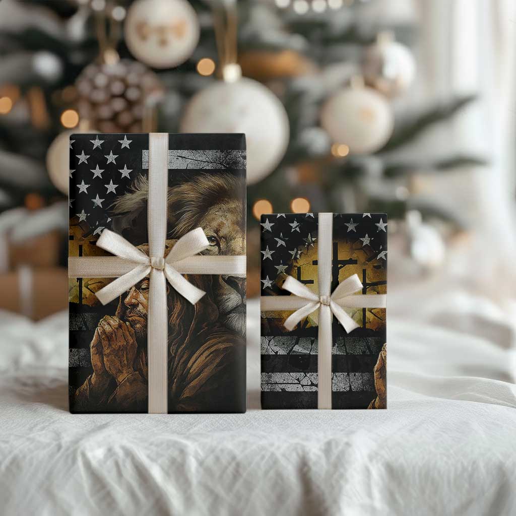 Lion of Judah Faith Patriotic Christian Wrapping Paper Roll Jesus Praying with Cross American Flag TS02 Print Your Wear