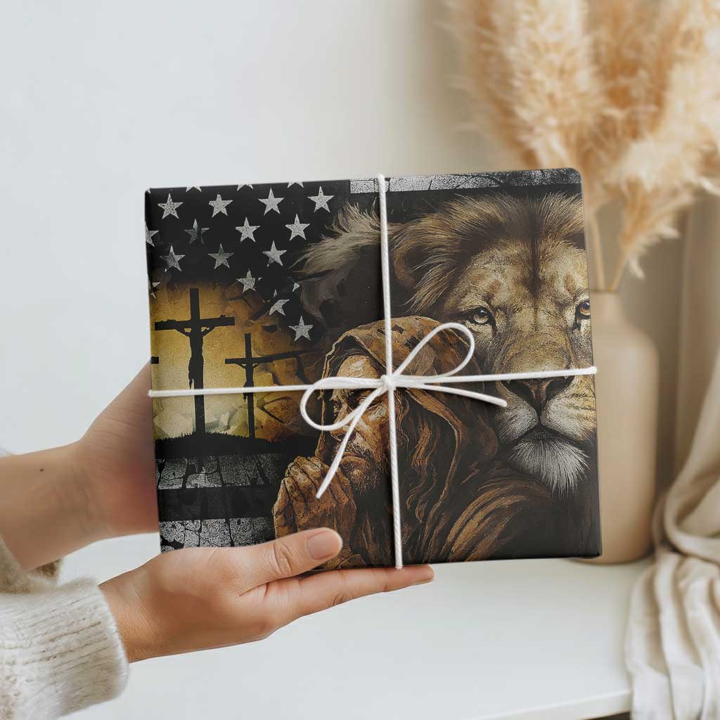 Lion of Judah Faith Patriotic Christian Wrapping Paper Roll Jesus Praying with Cross American Flag TS02 Print Your Wear