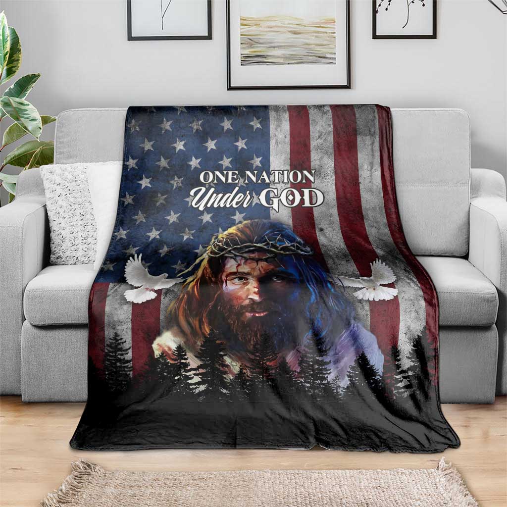 One Nation Under God Christian Throw Blanket Jesus Portrait with American Flag Doves Patriotic TS02 Print Your Wear
