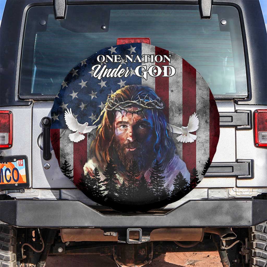 One Nation Under God Christian Spare Tire Cover Jesus Portrait with American Flag Doves Patriotic TS02 No hole Multicolor Print Your Wear