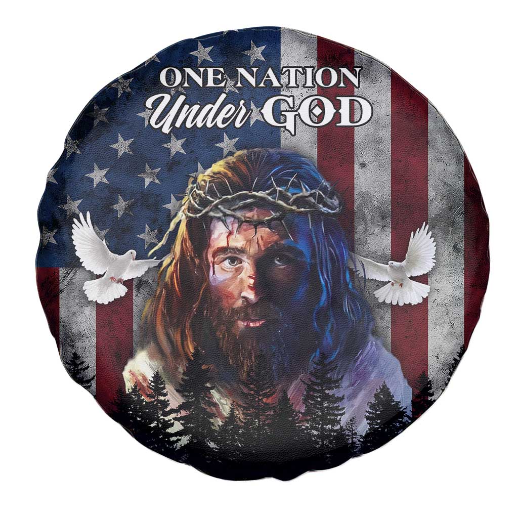 One Nation Under God Christian Spare Tire Cover Jesus Portrait with American Flag Doves Patriotic TS02 Print Your Wear