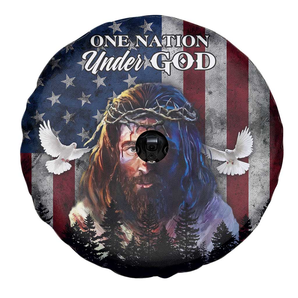 One Nation Under God Christian Spare Tire Cover Jesus Portrait with American Flag Doves Patriotic TS02 Print Your Wear