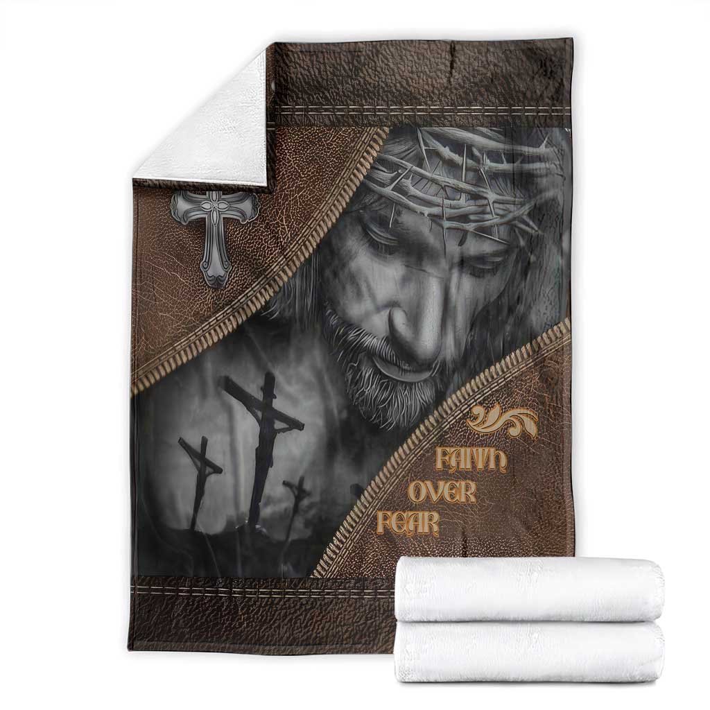 Faith Over Fear Rustic Christian Throw Blanket Jesus Cross Black and Brown Leather Style Effect TS02 Multicolor Print Your Wear
