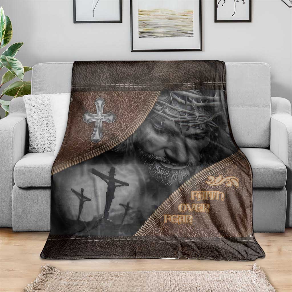 Faith Over Fear Rustic Christian Throw Blanket Jesus Cross Black and Brown Leather Style Effect TS02 Print Your Wear