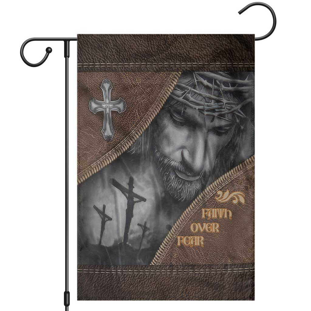 Faith Over Fear Rustic Christian Garden Flag Jesus Cross Black and Brown Leather Style Effect TS02 Multicolor Print Your Wear