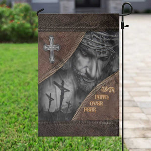 Faith Over Fear Rustic Christian Garden Flag Jesus Cross Black and Brown Leather Style Effect TS02 Print Your Wear