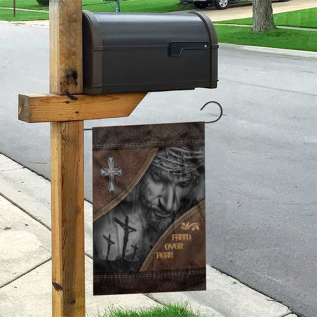 Faith Over Fear Rustic Christian Garden Flag Jesus Cross Black and Brown Leather Style Effect TS02 Print Your Wear