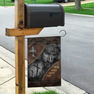 Faith Over Fear Rustic Christian Garden Flag Jesus Cross Black and Brown Leather Style Effect TS02 Print Your Wear