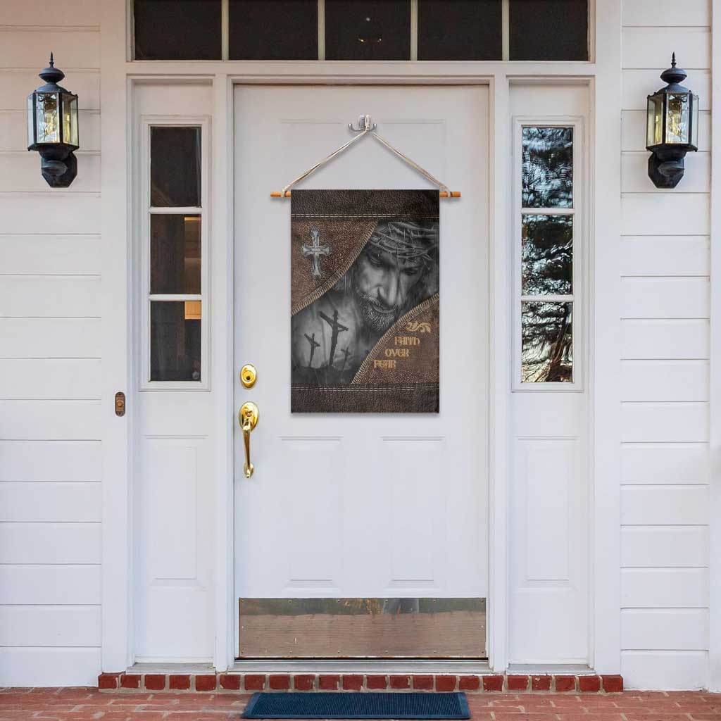 Faith Over Fear Rustic Christian Garden Flag Jesus Cross Black and Brown Leather Style Effect TS02 Print Your Wear